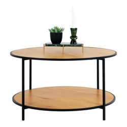 Ronde salontafel van hout en staal in eiken en zwart, 80 x 80 x 45 cm | Leven