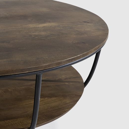 Round coffee table made of wood and metal in walnut and black, 90 x 90 x 40 cm | Delhi