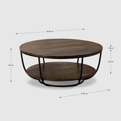 Round coffee table made of wood and metal in walnut and black, 90 x 90 x 40 cm | Delhi