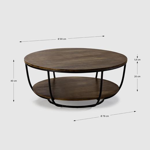 Round coffee table made of wood and metal in walnut and black, 90 x 90 x 40 cm | Delhi