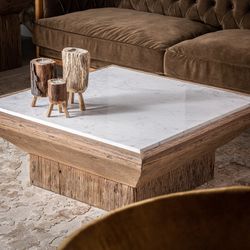 Samsun coffee table made of recycled pine wood in natural/white, 100 x 100 x 41 cm