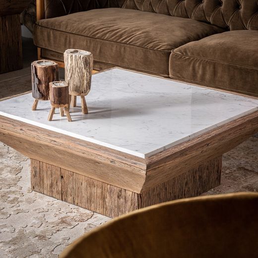 Samsun coffee table made of recycled pine wood in natural/white, 100 x 100 x 41 cm