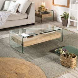 Mesa de centro Sidney em vidro temperado. Cômoda de madeira 110 x 55 x 35 CM