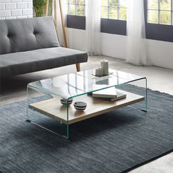 Tavolino Sidney in vetro temperato. Mensola in legno 110 x 55 x 35 CM