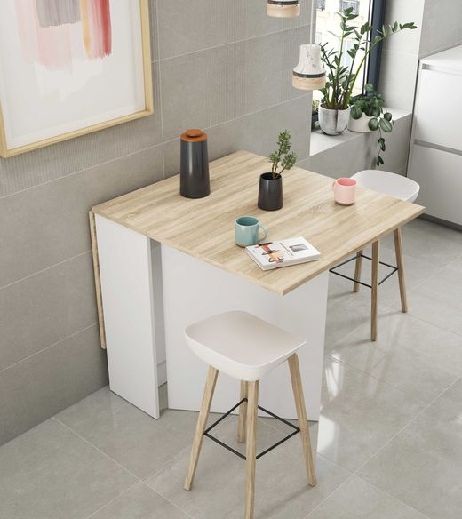 Klapp-Esstisch aus naturfarbenem/weißem Holz, 140 x 77 x 78 cm | fliegen