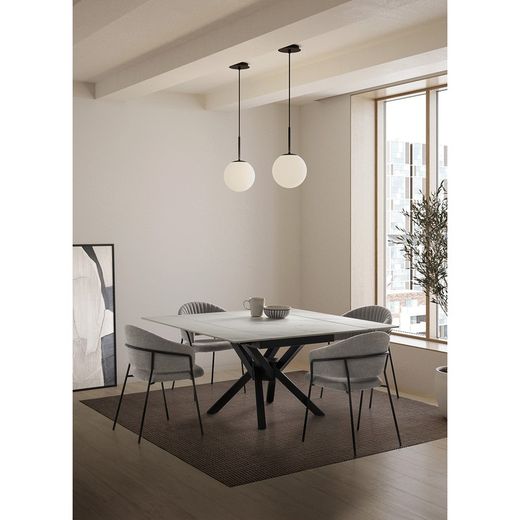 Extendable square dining table in synthetic stone and metal in black and white, 90-150 x 90-150 x 76 cm | Arlene