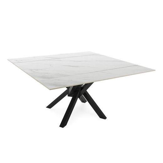 Extendable square dining table in synthetic stone and metal in black and white, 90-150 x 90-150 x 76 cm | Arlene