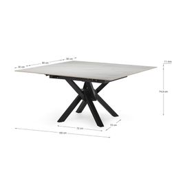 Extendable square dining table in synthetic stone and metal in black and white, 90-150 x 90-150 x 76 cm | Arlene