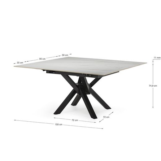 Extendable square dining table in synthetic stone and metal in black and white, 90-150 x 90-150 x 76 cm | Arlene