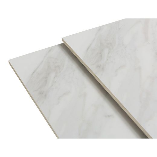 Extendable square dining table in synthetic stone and metal in black and white, 90-150 x 90-150 x 76 cm | Arlene