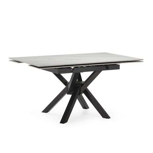 Extendable square dining table in synthetic stone and metal in black and white, 90-150 x 90-150 x 76 cm | Arlene