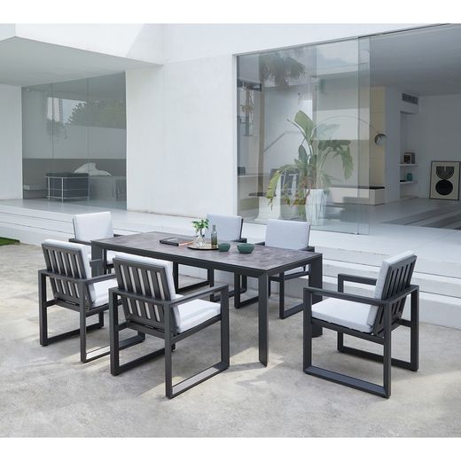 Aluminum and glass dining table in anthracite and gray, 210 x 90 x 75 cm | Onyx