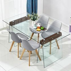 Tempered glass and wood dining table, 200 x 90 x 76 cm