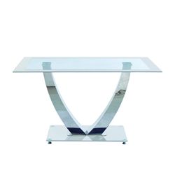 Esstisch aus gehärtetem Glas und Metall in transparent, weiß und chrom, 140 x 90 x 75 cm | Dubai