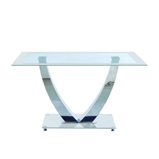 Esstisch aus gehärtetem Glas und Metall in transparent, weiß und chrom, 140 x 90 x 75 cm | Dubai