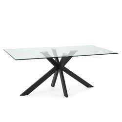 Tempered glass and metal dining table in transparent and black, 180 x 100 x 76 cm | Celia