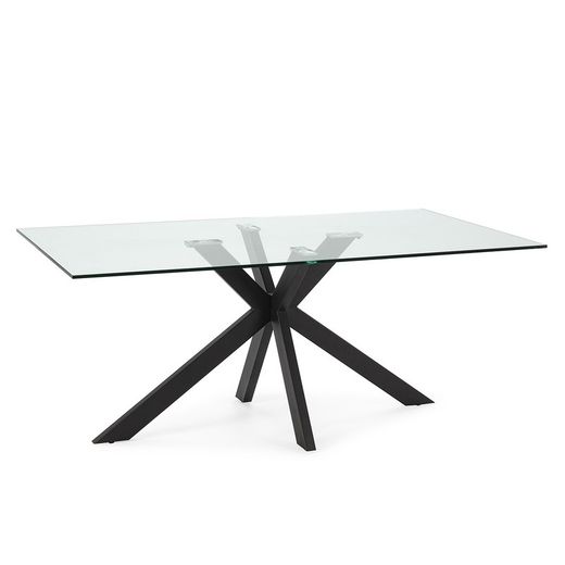 Mesa de comedor de cristal templado y metal en transparente y negro, 180 x 100 x 76 cm | Celia