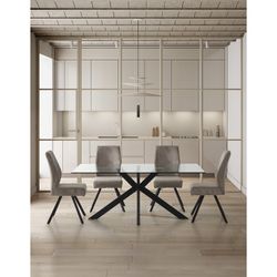 Tempered glass and metal dining table in transparent and black, 180 x 100 x 76 cm | Celia