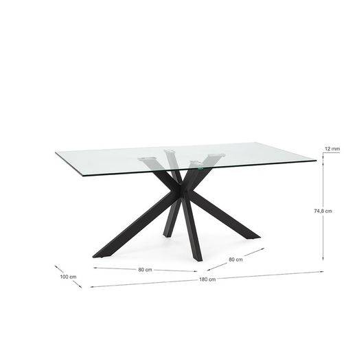 Tempered glass and metal dining table in transparent and black, 180 x 100 x 76 cm | Celia