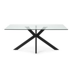 Tempered glass and metal dining table in transparent and black, 180 x 100 x 76 cm | Celia