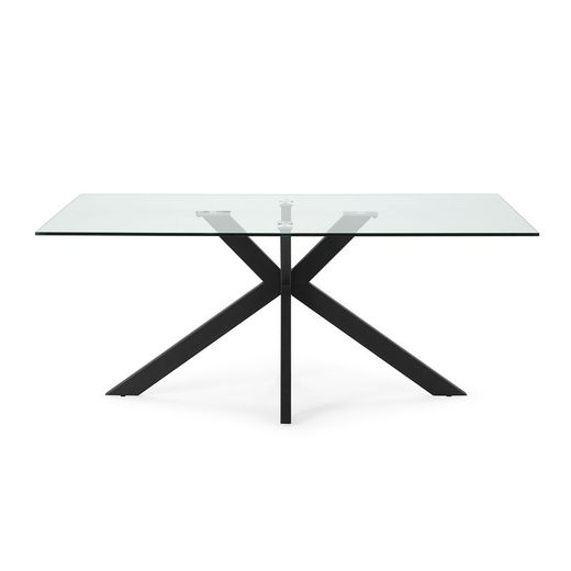 Tempered glass and metal dining table in transparent and black, 180 x 100 x 76 cm | Celia