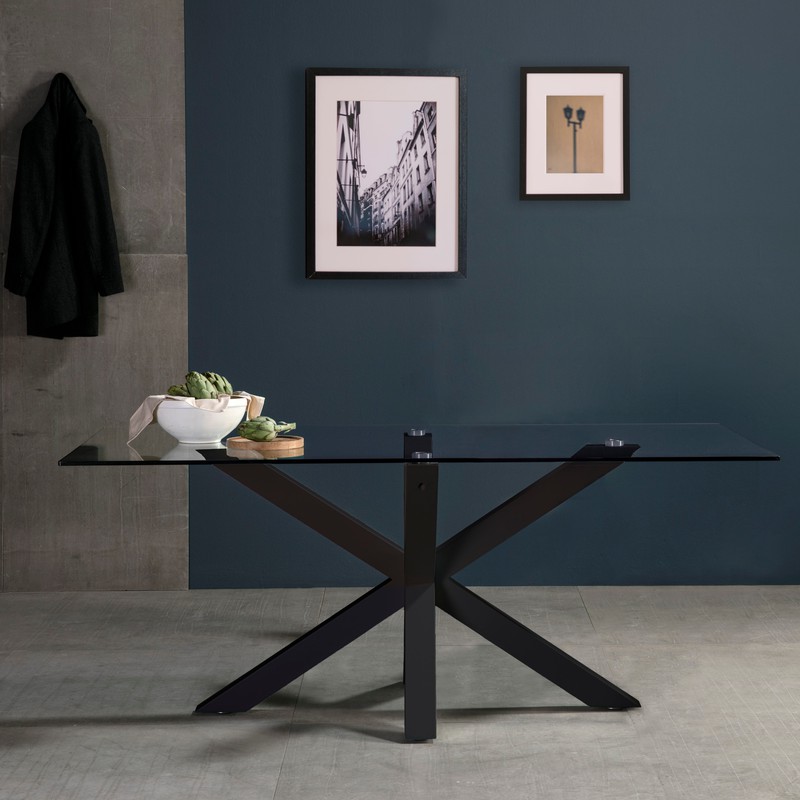 Bedrijf Bloeien Formulering Glazen eettafel en zwart metalen frame, 180 x 100 x 75 cm — Qechic