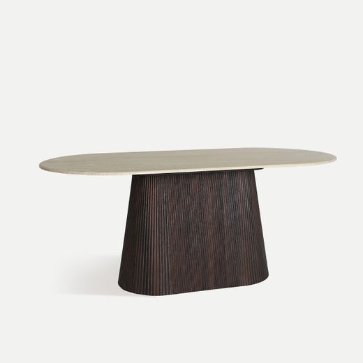 Mesa de comedor de madera y mármol sintético en marrón  y beige, 180 x 90 x 75 cm | Verona