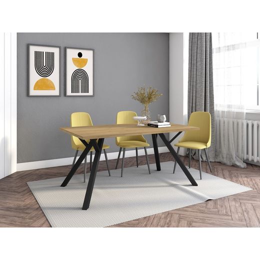 Wood and metal dining table in natural and black, 160 x 90 x 77 cm | Paola