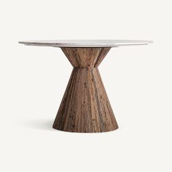 Mesa de comedor de madera y piedra en marrón y blanco, 120 x 120 x 80 cm | Toigne
