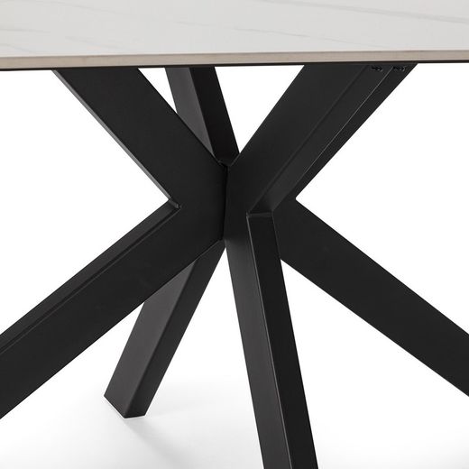 Table à manger en pierre synthétique noire et blanche et métal, 180 x 90 x 76 cm | Bimba