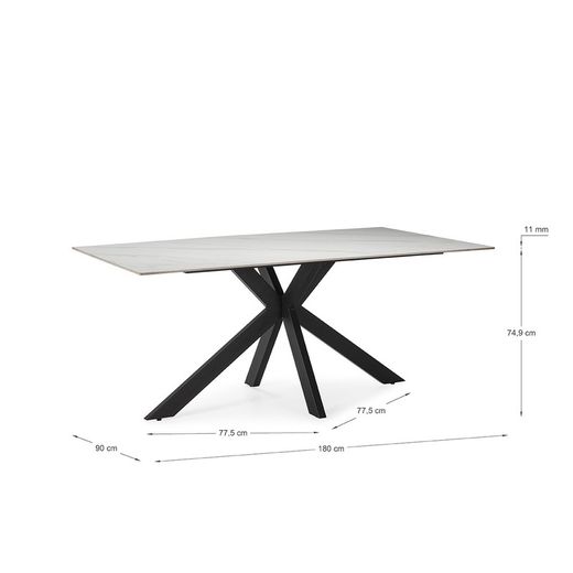 Table à manger en pierre synthétique noire et blanche et métal, 180 x 90 x 76 cm | Bimba