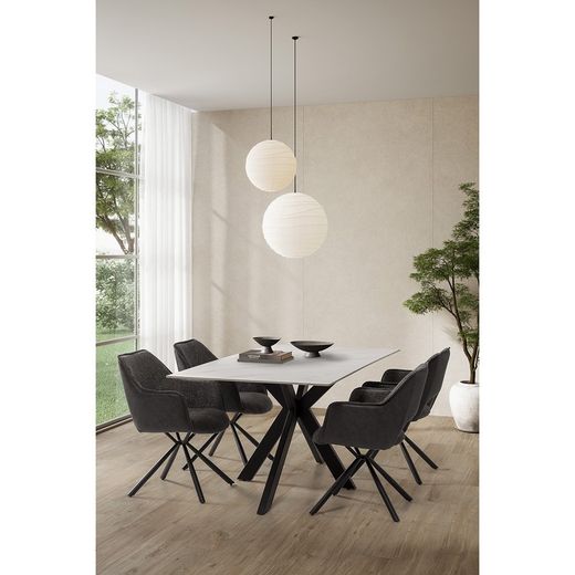 Table à manger en pierre synthétique noire et blanche et métal, 180 x 90 x 76 cm | Bimba