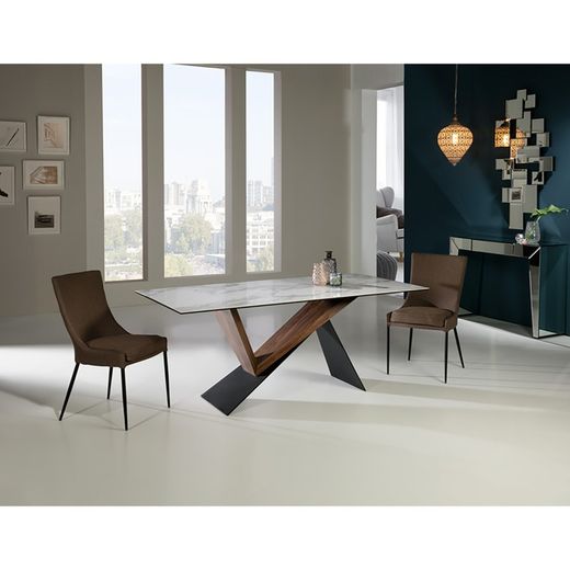 Marble effect Porcelain Dining Table, Metal and White Noa Walnut, 180x90x75cm
