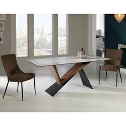 Marble effect Porcelain Dining Table, Metal and White Noa Walnut, 180x90x75cm