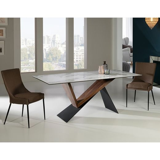 Marble effect Porcelain Dining Table, Metal and White Noa Walnut, 180x90x75cm