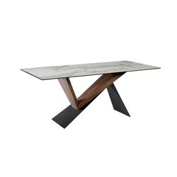 Marble effect Porcelain Dining Table, Metal and White Noa Walnut, 180x90x75cm