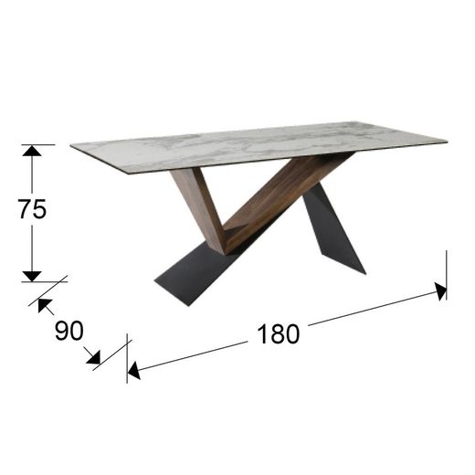 Marble effect Porcelain Dining Table, Metal and White Noa Walnut, 180x90x75cm