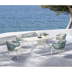 Lift-top dining table made of aluminium and ceramic glass in white and beige, 240 x 100 x 75 cm | Bais