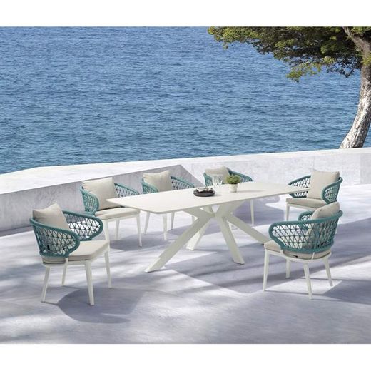 Conjunto de comedor para jardín de aluminio, cerámico y cuerda náutica en blanco y aqua | Bais + Isabela