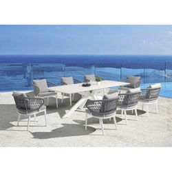 Lift-top dining table made of aluminium and ceramic glass in white and beige, 240 x 100 x 75 cm | Bais