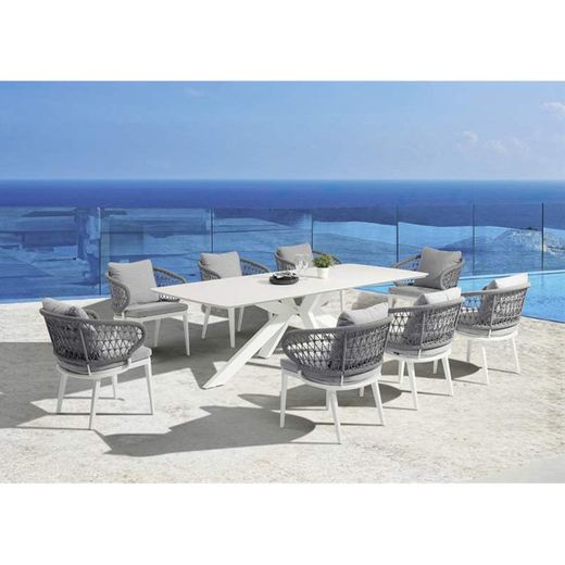 Conjunto de comedor para jardín de aluminio, cerámico y cuerda náutica en blanco y aqua | Bais + Isabela