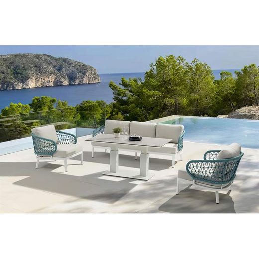 Conjunto de sofás para jardín con mesa elevable de aluminio y cuerda náutica en blanco y gris | Isabela