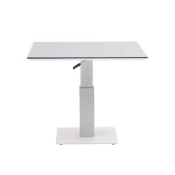 Table à manger à plateau relevable en aluminium et verre céramique blanc et gris clair, 90 x 90 x 50 / 74 cm | Isabelle