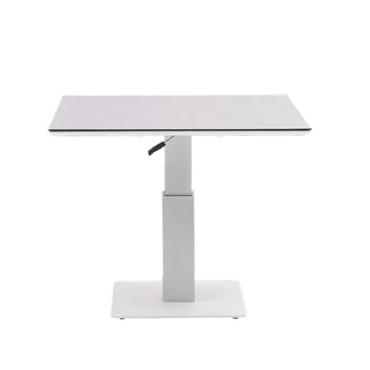 Table à manger à plateau relevable en aluminium et verre céramique blanc et gris clair, 90 x 90 x 50 / 74 cm | Isabelle