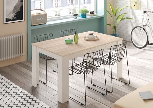 Ausziehbarer Esstisch in Weiß und Eiche, 140/190 x 90 x 78 cm
