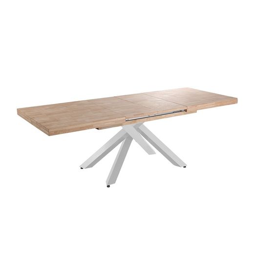 Extendable wood and metal dining table in Nordish oak and white, 160-200-240 x 90 x 76 cm | Xena