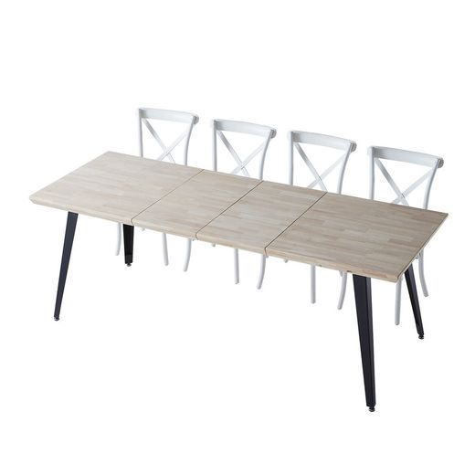 Uitschuifbare houten en metalen eettafel in Noords eiken en zwart, 140-180-220 x 80 x 76 cm | Berg