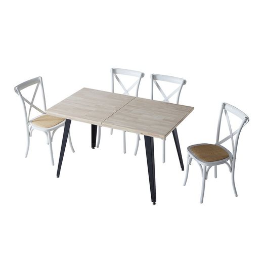 Uitschuifbare houten en metalen eettafel in Noords eiken en zwart, 140-180-220 x 80 x 76 cm | Berg