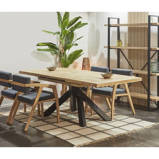 Extendable wooden and metal dining table in Nordish oak and black, 140-180-220 x 90 x 76 cm | Xena
