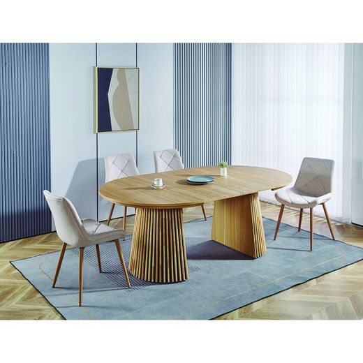 Extendable dining table made of wood and natural laminated paper, 120-160-200 x 130 x 75 cm | Keanu